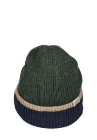 Knit beanie in dark green with a navy blue and beige ribbed cuff. Features a tag with the brand name "BARTS." Textured, warm material.