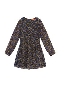 Blommig klänning med långa ärmar, mörkblå bakgrund, gula, rosa och blå mönster. Cinchad midja och utsvängd kjoldesign.