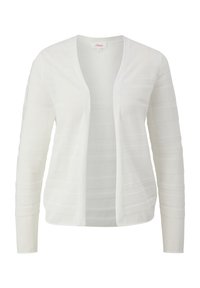 Cardigan blanc à ouverture avant, manches longues, avec une texture subtile à rayures horizontales, en tissu tricoté léger, sans boutons ni fermetures.