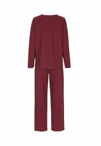 Burgundy långärmad topp och matchande byxor set, gjort av mjukt tyg. Toppen har rund halsringning och byxorna har en avslappnad passform.