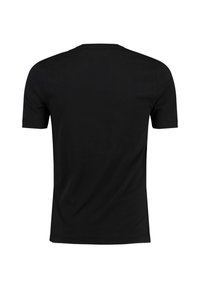 Zwarte T-shirt met korte mouwen en een ronde hals. Glad, lichtgewicht stof zonder zichtbare patronen of versieringen aan de achterkant.