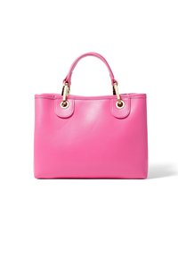 Borse a mano in pelle sintetica rosa con elementi in oro, due manici corti, forma rettangolare piatta e texture liscia. Nessun motivo esterno.