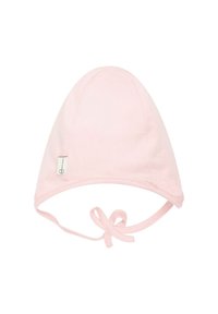 Cappello per neonati in cotone rosa, con forma arrotondata e lacci al collo. Presenta un'etichetta piccola sul lato. Texture liscia senza motivi.