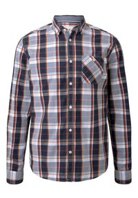 Chemise à manches longues pour hommes à carreaux bleu marine, gris et orange. Comprend un col boutonné, une poche poitrine et un tissu texturé.
