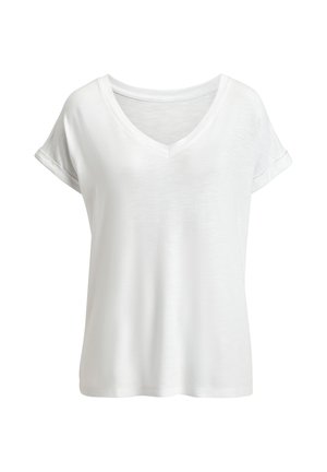 Weißes T-Shirt mit kurzen Ärmeln, V-Ausschnitt und aufgerollten Bündchen, dargestellt auf einfarbig weißem Hintergrund.