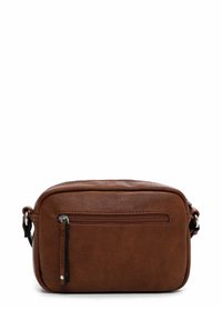 Borsa a tracolla in pelle marrone con finitura texturizzata, forma rettangolare, chiusura superiore con zip e una tasca frontale con zip per ulteriore spazio di archiviazione.