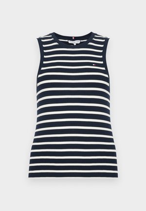 Brezrokavnik s temnomodrimi in belimi črtami z zaobljenim izrezom. Na prsih ima majhen logotip in rebrasto teksturo.