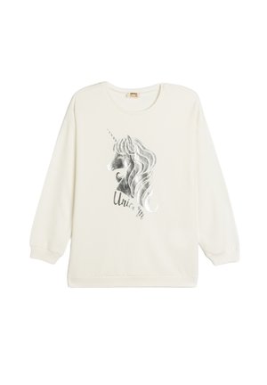 Kremowy dres z długimi rękawami, z grafiką srebrnego jednorożca i napisem "Jednorożec" wydrukowanym poniżej w zabawnym kroju pisma.