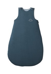 Ein blauer Schlafsack mit runder Form, aus weichem Stoff; verfügt über eine kleine weiße Wolkenstickerei im Brustbereich.