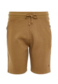 Shorts pour hommes marron texturés avec taille élastique, cordon de serrage et poches latérales zippées sur fond blanc.