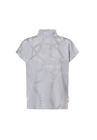 Blusa a manica corta di colore grigio chiaro con colletto alto e motivo lucido simile a una catena argentata. Texture liscia, vestibilità ampia e taglio laterale.