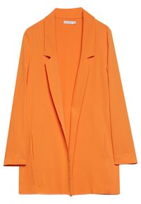 Blazer arancione con una vestibilità rilassata, maniche lunghe, rever a punta e senza chiusure. Texture liscia, design sartoriale, stile minimalista.