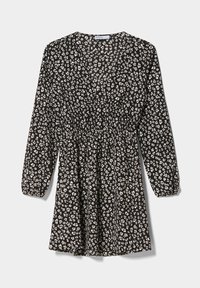 Svart långärmad klänning med små vita blommor, V-halsringning, rynkad midja och elastiska ärmslut.