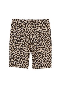Leopardmönstrade shorts i beige och svart, med elastisk midja, längd till mitten av låret och mjuk tygtextur.