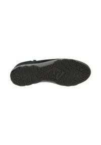 Semelle de chaussure noire en caoutchouc texturé pour une meilleure adhérence, avec un motif en zigzag et des accents circulaires. Le profil est bas et épuré.