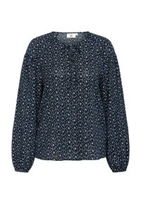 Blusa blu navy con motivo floreale, caratterizzata da un colletto rotondo, maniche arricciate e tessuto leggero per un fit morbido.