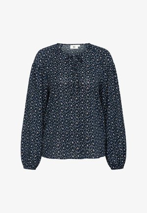 Marineblauwe blouse met een bloemenpatroon, met een ronde halslijn, geplooide mouwen en lichtgewicht stof voor een losse pasvorm.