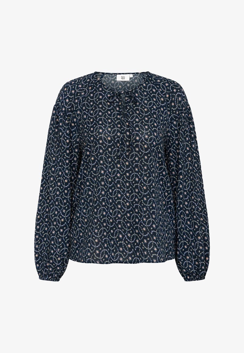 Blouse bleu marine avec un motif floral, dotée d'un col rond, de manches froncées et d'un tissu léger pour un ajustement ample.