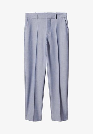 Pantalons habillés bleu clair, avec passants de ceinture, plis sur le devant, poches latérales et coupe droite.