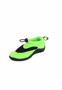 Neon-grüne und schwarze Wasserschuhe mit einem Obermaterial aus Netzgewebe, elastischem Riemen und strukturiertem Sohlenprofil für Grip. Leichtes und flexibles Design.