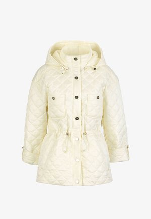 Pihe-puha elefántcsontszínű dzseki kapucnival, állítható húzózsinóros derékkal, két első zsebbel, patentos záródással és hosszú ujjal.