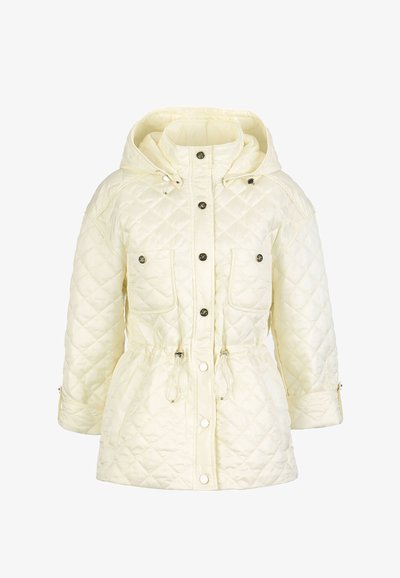 Siuvinėta dramblio kaulo spalvos striukė su kapišonu, reguliuojamu raišteliu liemens srityje, dviem priekinėmis kišenėmis, spaudėmis užsegimu ir ilgomis rankovėmis.