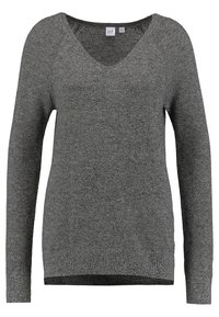 Maglione grigio a maglia con scollo a V, maniche lunghe e orlo a coste. Il tessuto testurizzato presenta un motivo sottile su tutta la superficie.