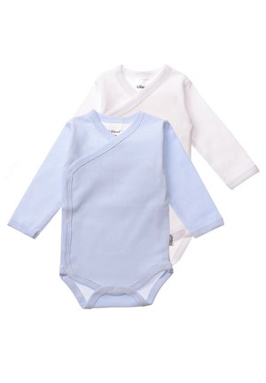 Two baby bodysuits: one solid white and one light blue with thin horizontal stripes. Both have long sleeves and snap closures at the bottom.