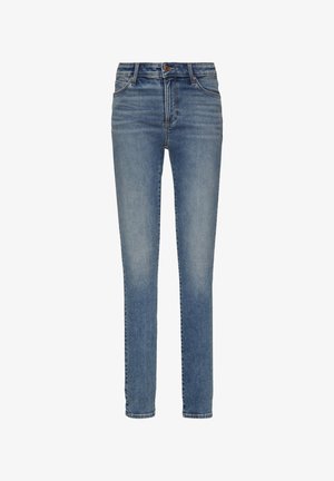 Skinny-Fit-Jeans aus mittlerem blauen Denim mit klassischem Fünf-Taschen-Design, Gürtelschlaufen und subtilen Auswaschungen im Stoff.