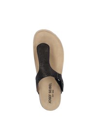 Black leather sandal with a toe post and adjustable strap, featuring perforated detailing. Beige insole with brand name printed. Flat sole.