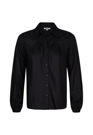 Zwarte langemouwen shirt van gladde stof, met een knoopsluiting aan de voorkant, een kraag en geplooide details op de borst.