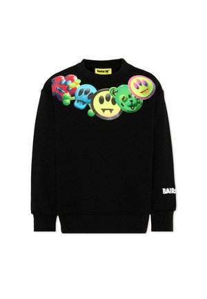 Felpa nera con facce sorridenti e forme colorate in stile peluche sul petto e testo bianco "BARROW" sulla manica destra.
