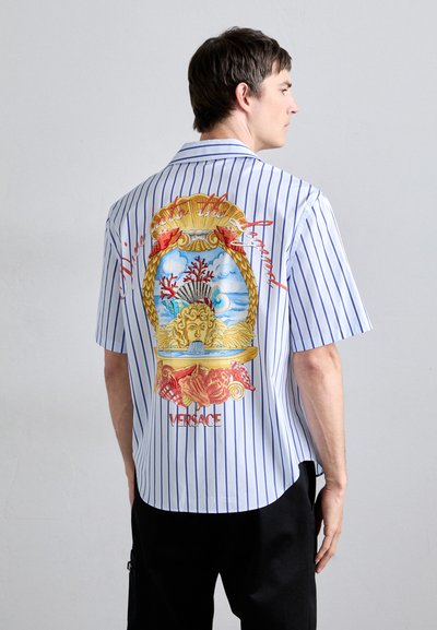 Short-sleeve shirt with blue and white stripes, featuring a colorful graphic on the back with intricate designs and "VERSACE" text.
