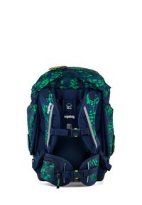 Sac à dos bleu marine avec motif de feuilles vertes, design ergonomique, bretelles réglables, soutien dorsal en 3D, plusieurs poches et matériel de sécurité.