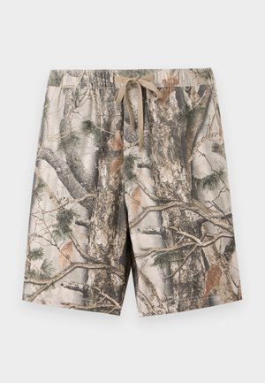 camo-patterned shorts made of lightweight fabric; features an elastic waistband with drawstring; colors include beige, brown, and green.