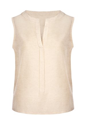 Beżowa bezrękawnikowa bluzka o fakturowanej powierzchni, z okrągłym dekoltem i wycięciem w kształcie litery V z przodu.