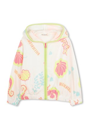 Fleece zip-up jacket with a pastel pink base, featuring colorful seashell and sea creature patterns, and green accents around the hood and zipper.