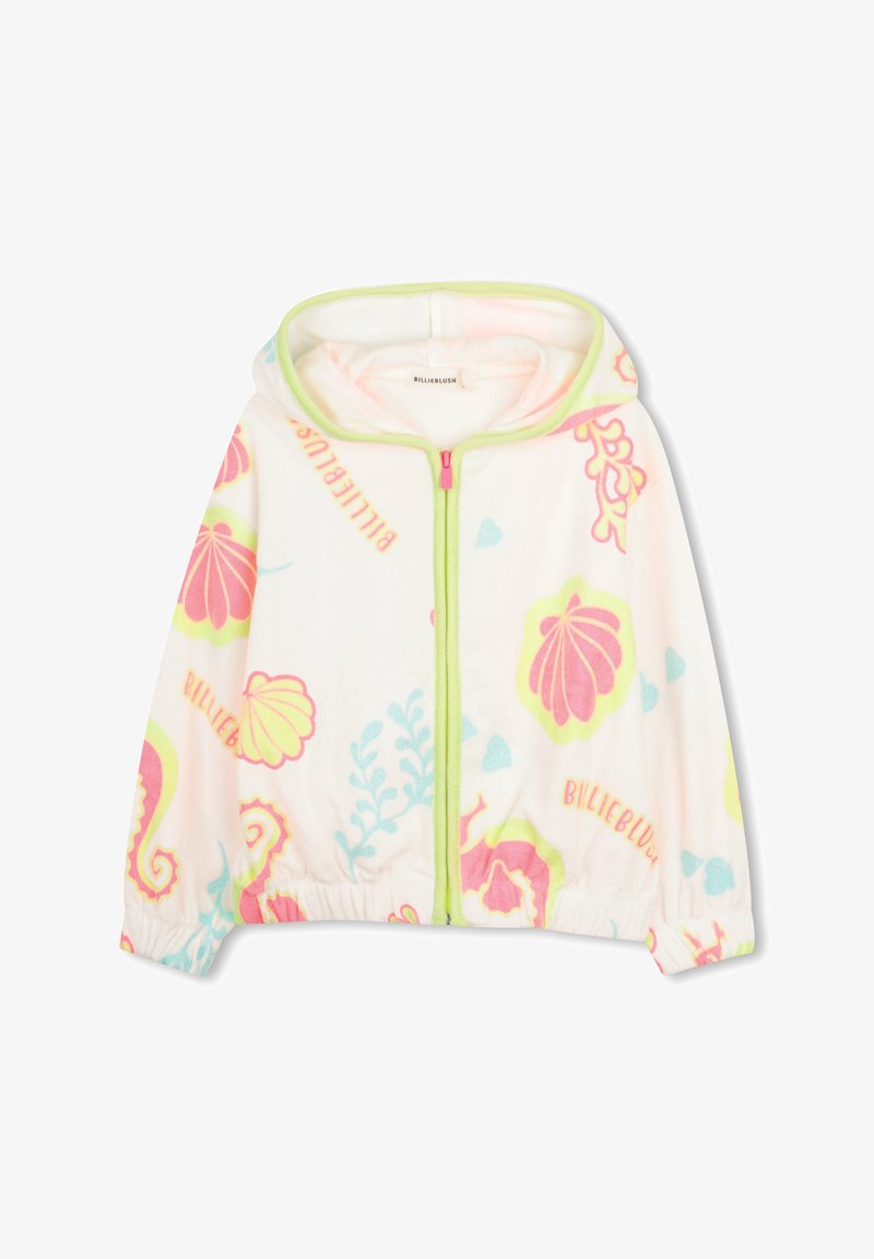 Veste zippée en polaire avec une base rose pastel, ornée de motifs colorés de coquillages et créatures marines, avec des accents verts autour de la capuche et de la fermeture éclair.