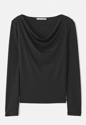 Black long-sleeve top with a draped cowl neckline, lightweight fabric, fitted design, and straight hem. Tag reads "Tiger of Sweden."