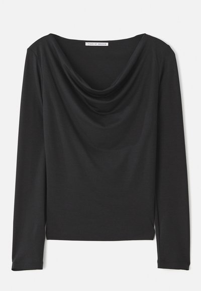 Black long-sleeve top with a draped cowl neckline, lightweight fabric, fitted design, and straight hem. Tag reads "Tiger of Sweden."