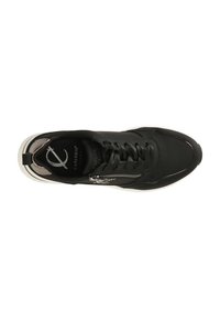 Black sneaker with a smooth leather upper, slim shape, white rubber sole, lace and zipper details, and a logo on the insole.