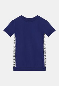 Marineblaue T-Shirt aus weichem Stoff mit umgeschlagenen Ärmeln und geradem Saum. Mit weißem Logotape an den Seiten.