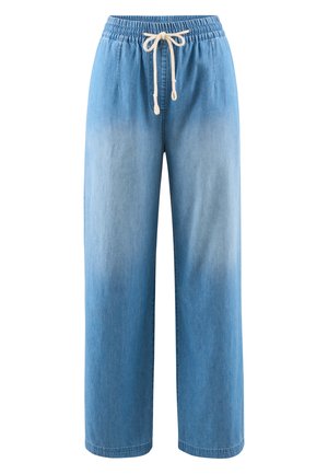 Light blue denim wide-leg pants with an elastic waistband and contrast drawstring. Smooth texture, with gradual fading along the legs.