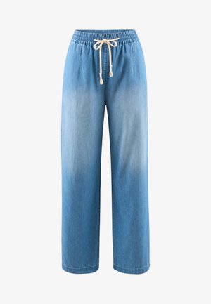 Light blue denim wide-leg pants with an elastic waistband and contrast drawstring. Smooth texture, with gradual fading along the legs.
