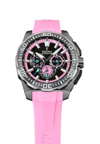Montre chronographe noire et rose avec un bracelet en silicone, grand boîtier rond et un cadran noir texturé. Elle comprend plusieurs sous-cadrans et une fenêtre de date.