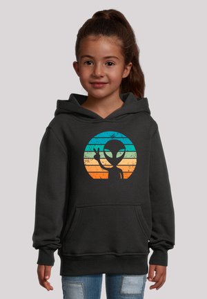 Gray hoodie with a front kangaroo pocket. Features a graphic of an alien in a sunset design with blue, orange, and yellow striped colors.
