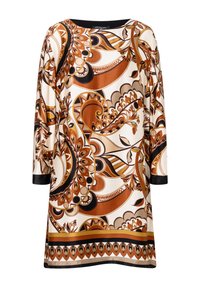 Langärmliges Kleid in Creme mit kunstvollen braunen und schwarzen Paisleymustern, ausgestattet mit einem weiten Ausschnitt und einem geraden Schnitt.