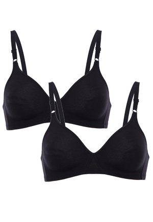 Set di reggiseno in cotone nero con design senza cuciture, spalline regolabili e texture morbida. Presenta una forma triangolare e dettagli di cucitura delicati.