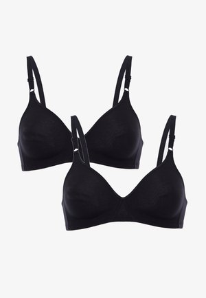 Set di reggiseno in cotone nero con design senza cuciture, spalline regolabili e texture morbida. Presenta una forma triangolare e dettagli di cucitura delicati.