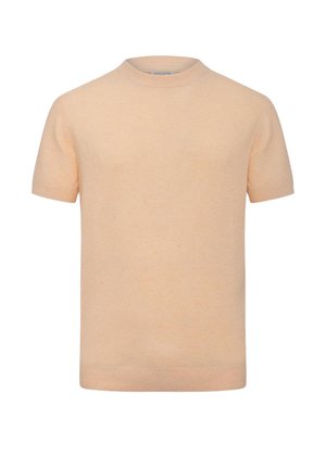 Beżowy, krótkim rękawem, dzianinowy sweter z okrągłym dekoltem oraz ściągaczami na rękawach i u dołu, wykonany z fakturowanej tkaniny.